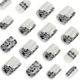 24 PCS Press on Nails Square Grey Leopard Print Designs Winter Fake Nails Artificial Nude Full Cover Glue on False Nails Glossy Stick on Acrylic Nails for Women