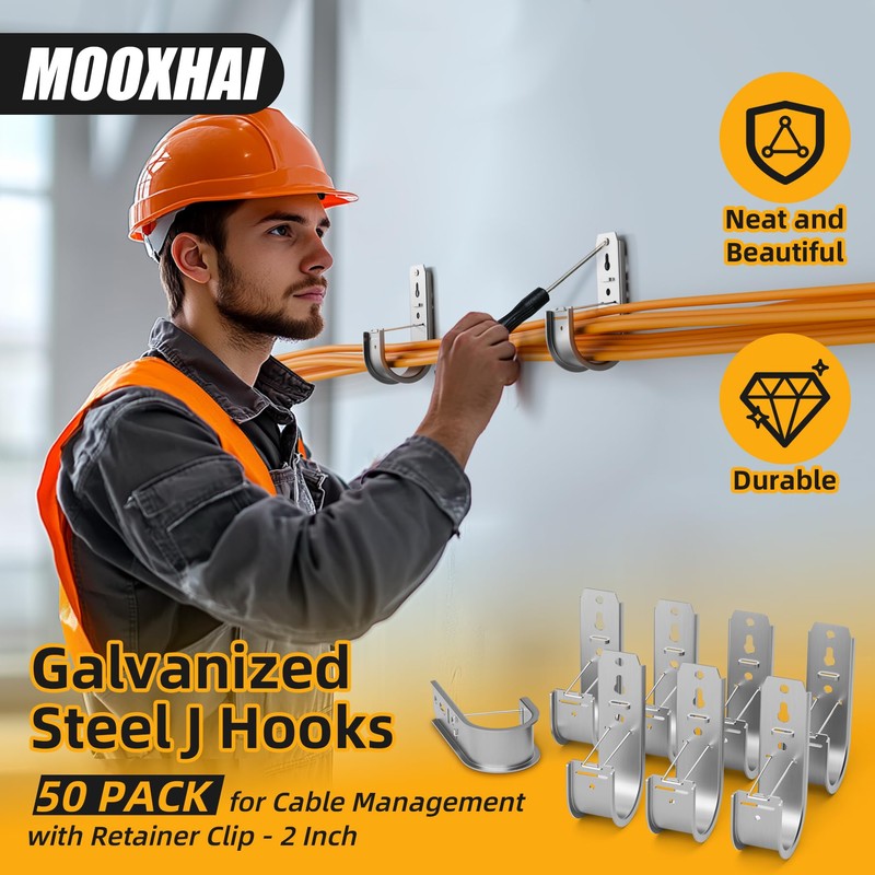MooxHAI 50 Pack Wall Mount J Hook with Retainer Clip,Galvanized