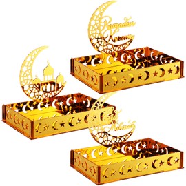 DoubleFill 3 Sets Ramadan Serving Trays Gold Eid Mubarak Ramadan Decorations for Home Moon Star Tray Ramadan Container Ramadan Trays for Party Tray Tableware Dessert Food Storage