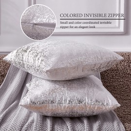 Silver Throw Pillows,Set of 2 White Cushion Covers Velvet Decorative Square Throw Pillow Covers with Silver for Home Decor Bedroom Living Room Couch Bed Sofa, 20x20 In,White and Silver Pillow Covers