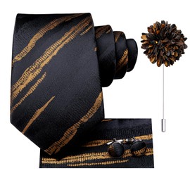 Hi-Tie Mens Tie Pocket Square Set Cufflinks Lapel Pin Silk Ties for Men Wedding Party Formal Business,Black Gold Stripe