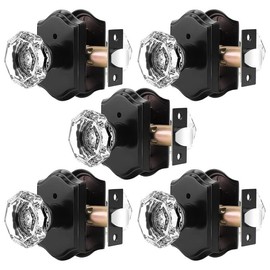 Orger Octagonal Crystal Door Knobs 5 Pack, Interior Privacy Door Handle for Bed/Bathroom with Pin Lock Inside, Black Vintage Rosette Door Knob with Heavy Duty Genuine Glass