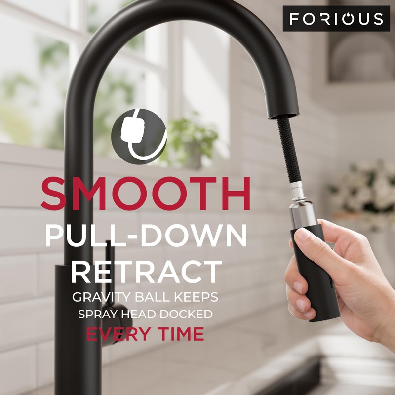 FORIOUS Kitchen Faucet with Pull Down Sprayer, Classic Matte Black,