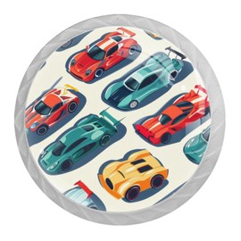 IROLSKDNFH Cool Race Cars Bright Seamless Pattern Kitchen Cabinet Knobs 4 Pack, Round Glass Pull Handle Hardware for Cupboard Door Dresser Drawers, 1.37×1.1 in