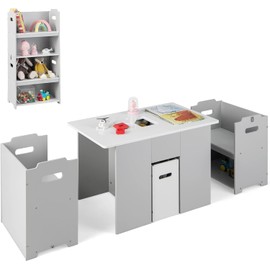 Costzon 4-in-1 Kids Table and Chairs, Activity Table & Convertible Chairs for Drawing Reading Dining with Multiple Storage Bins and Space Saving Design, Stackable Cabinet Toddler Table and Chair Set