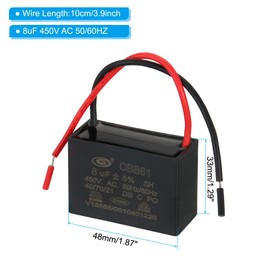 PATIKIL CBB61 Ceiling Fan Capacitor, 5Pcs 8uF 450V AC 50/60HZ with 2 Wires for Air Conditioner Fan Motor Star Run Capacitors 48 x 34 x 33mm