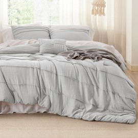 Bedsure King Comforter Set - 4 Pieces Pinch Pleat Bed Set, Light Grey Boho Bedding for All Season, 1 Soft Comforter, 2 Pillowcases, 1 Decorative Pillow