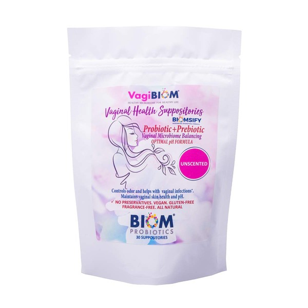 Biom Vaginal Probiotic Suppository: Natural Vaginal pH and Odor Control Regimen; Balance and Nourishes Vaginal Microbiome; No Parabens, Fragrance-Free (30)