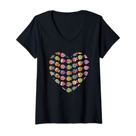 Womens Many small colorful funny fish in heart shape V-Neck T-Shirt
