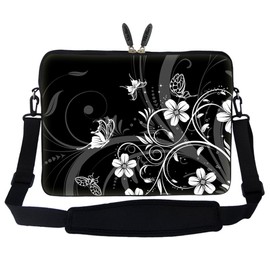 Meffort Inc 15 15.6 inch Neoprene Laptop Sleeve Bag Carrying Case with Hidden Handle and Adjustable Shoulder Strap - Black White Flower Butterfly