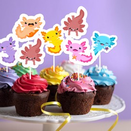 Sursurprise 36Pcs Axolotl Cupcake Toppers, Cartoon Salamander Cupcake Picks for Newt Birthday Baby Shower Decor, Reptile Amphibian Animals Party Decorations Supplies