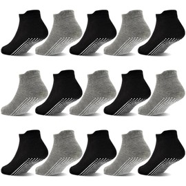 GRPSKCOS Non Slip Toddler Socks 15 Pairs Anti Skid Toddler Ankle Socks Non Skid Low Cut Socks for Boys Girls（#2 Black + Light grey 1-3 Years）