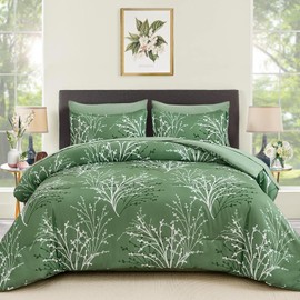 Green Branch Comforter Set King Size, 7 Piece Botanical Pattern Bed in a Bag with Sheet Set, Microfiber Down Alternative Reversible Olive Green Bedding Set for All Season (104''x90'')