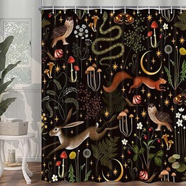 Rustic Forest Shower Curtain, Fairy Country Owl Butterfly Mushroom Hunting Woodland Wild Animals Shower Curtain, Cabin Farmhouse Lodge Bahtroom Accessories Set with Hooks 60X70IN