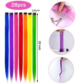 28 Pcs Colored Hair Extensions, Colors Straight Clip in Hair Extensions, Rainbow Party Highlights Multi-color in Synthetic HairPieces Accessories for Cosplay Dress Up Fashion Christmas