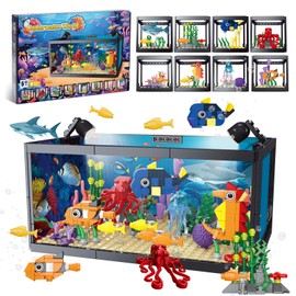 8 in 1 Fish Tank Building Sets, Marine Aquarium Building Toy with LED Light Animal Miniature Landscape Including Shark Octopus Crab, Christmas Birthday Gifts for Adults Boys Girls Kids Ages 6 8 10 12+