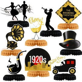 9 Pcs Roaring 20s Party Decorations Jazz Roaring 1920's Party Honeycomb Centerpiece Black and Gold Roaring 20s Honeycomb Centerpiece Vintage Music Themed Table Toppers 1920s Wedding Party Supplies