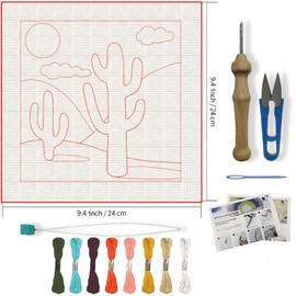 FREEBLOSS DIY Punch Needle Kits for Beginners Desert Pattern Embroidery Punch Needle Starter Craft Rug Hooking Beginner Kit Punch Needle Rug Kit Embroidery Set Easy for Adults Decoration 24 x 24 cm
