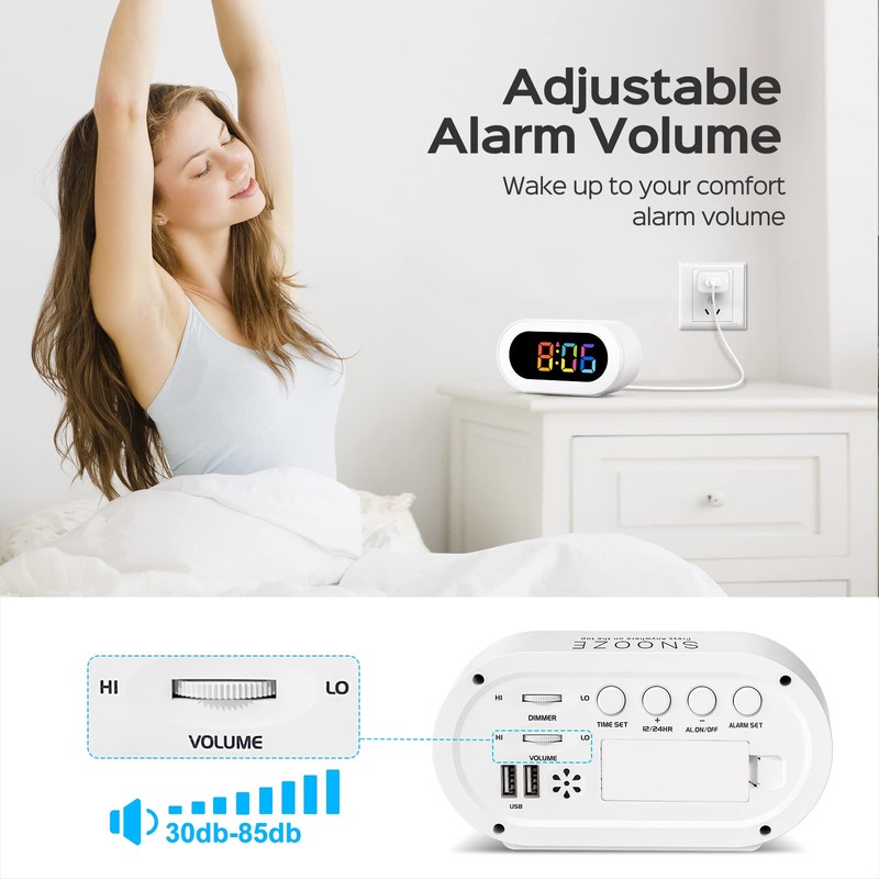 REACHER Kids Alarm Clock with USB Charger, Dimmable Rainbow LED