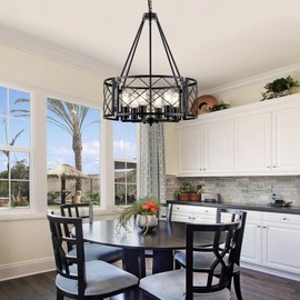 Farmhouse Chandelier, 6-Light Dining Room Light Fixture, 20.5" Rustic Drum Chandeliers Kitchen Island Lighting, Black Industrial Chandelier Hanging Pendant Light for Bedroom Hallway Entryway Foyer