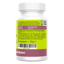Betain HCL Kapseln - hochdosiert - 500 mg - Qualität aus Deutschland - Extrakt ohne Zusätze - vegan - laborgeprüft - Vitamineule®