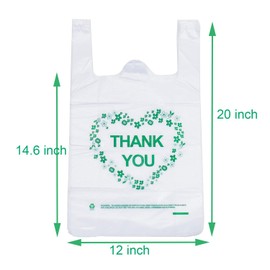 LazyMe Thank You T Shirt Bags White Plastic Grocery Bags with Handles,Standard Supermarket Size, 12 x 20 inch (50 pcs)