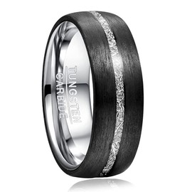 TUNGSTORY Tungsten Ring 8 mm for Men Inlaid with Black Carbon Fibre and Imitation Meteorite Engagement Ring Comfort Fit Size 62 (19.7), Tungsten Carbide