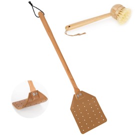Leather Fly Swatter, Heavy Duty Flyswatter with Cleaning Brush Large Long Wooden Handle Portable Manual Fly Swat Wood Racket Hollow Wasp Bee Swatter for Home Indoor Outdoor (Brown)