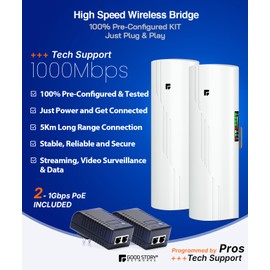 Wireless Bridge Point to Point Outdoor WiFi, Wireless Network Expansion Kit, Long Range High Speed 5G | 2 Units Bridge Kit Complete Pre-Configured - P2P 1000Mbps 5Km(2Pack)