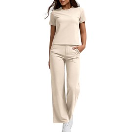 YETOWA Women's 2 Piece Activewear Set with Slim O Neck Short Sleeve Tops & Elastic Waist Pocket Straight Leg Pants