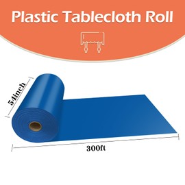 YSYJ Blue Plastic Tablecloth Roll Disposable 54 in x 300 Ft Plastic Table Cover with Slide Cutter Plastic Tablecloth for Parties