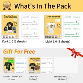 TransOurDream Heat Transfer Paper for Dark and Light Fabric (10+2 Sheets, 8.5x11", Mix Pack) Printable HTV Heat Transfer Vinyl for T Shirts Iron on Transfers for Inkjet Printer (D1L1)