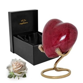 Heart Keepsake Urn for Human Ashes – Small Cremation Urn with Stand Gift Box & Velvet Bag – Mini Memorial Urn for Men Women – Metal Marble Texture Funeral Urn (Red)