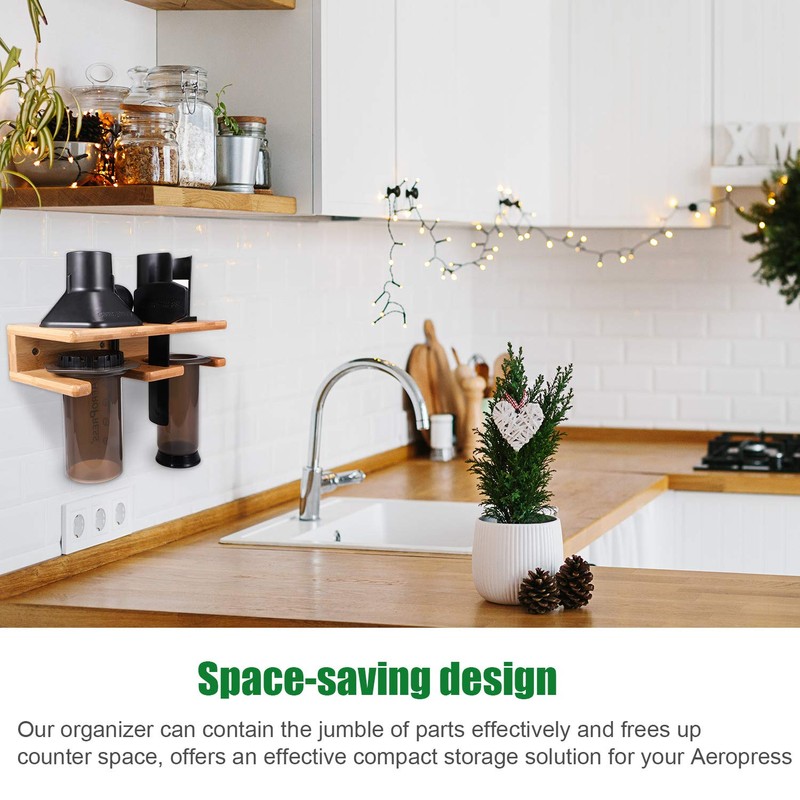 Space Saving Organizer Wall Mount for Aeropress set, Polished Bamboo