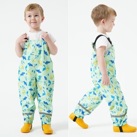 Kids Waterproof Rain Bib Pants, Boys Rain Pants Cartoon Rain Trousers Lightweight Rainwear for Toddlers Green