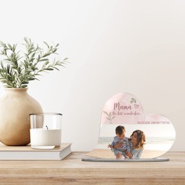 CHRISCK design Acryl Glasherz mit Foto & eigenem Text | Fotogeschenk als Muttertagsgeschenk für Mama o. Geschenkidee Freund Freundin Schwester | Fotoständer aus Acrylglas zum Aufstellen
