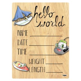 Cohas Hello World Newborn Baby Announcement Printed Wood Sign with Boat Theme, 12 by 16 Inches, No Marker