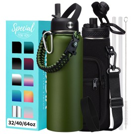 Stainless Steel Sports Water Bottle - 32/40/64 Oz Insulated Water Jug with Straw & Auto Spout Lid, Paracord Handle, Bottle Sleeve, Cold 48H Hot 24H, Sweat-Proof Tactical Flask for Hiking, Army Green