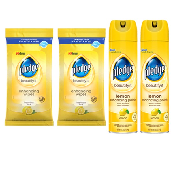 Pledge Multi-Surface Cleaner Spray and Wipes, Works on Leather, Granite, Wood, and More, Bundle, Lemon (2 Count of 9.7 oz Cans, and 2 Pack of 24 Wipes)