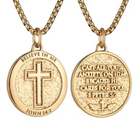 HZMAN Bible Verse Necklace for Men Women Stainless Steel Inspirational Verse Cross Round Pendant Jewelry Gift (Gold)