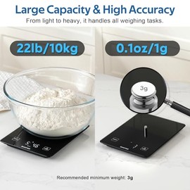 Waterproof Kitchen Food Scale, 1g/22lb, IP67, Rechargeable, Black | Premium Tempered Glass, Clear LED Display, with 6 Units, Tare, Ideal for Baking, C