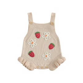 FYBITBO Baby Sweater Knit Romper Newborn Girl Strawberry Sweaters Onesie Overalls Fall Winter Clothes Knitted Outfit (Beige, 6-12 Months)