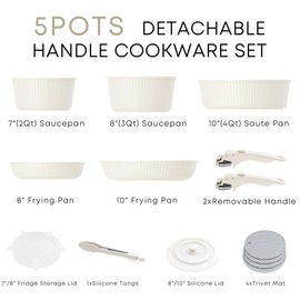 Caannasweis Detachable Nonstick Cookware Set - Stackable Induction Pots and Pans With Removable Handles, Dishwasher Safe - For RV Camping, Oven and Stovetop Use, 5 Pieces (Cream)
