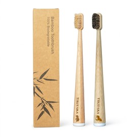 TIKITAKA FTG Natural Bristle Bamboo Toothbrush Sampler, 2 Pack - 1 Boar + 1 Horsehair Brush, Plastic & Nylon Free Bristles