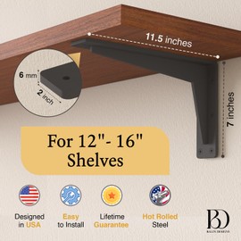 Heavy-Duty Load L Mantel Shelf Brackets by Balin Designs (Black) DIY Brackets with Mounting Hardware for 12", 14” and 16" Shelves, Ideal for Fireplace, Granite Countertops, Bookshelves (Set of 2)