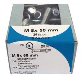 HSI Carriage Screws with Nuts Galvanised Iron M8 x 50 mm DIN603 ISO 8677 - 055288 Pack of 25