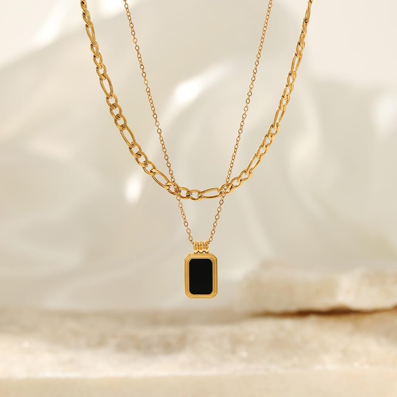 XYWstore Women's Alloy Double-Layer Square Pendant Cuban Chain Necklace, Gold