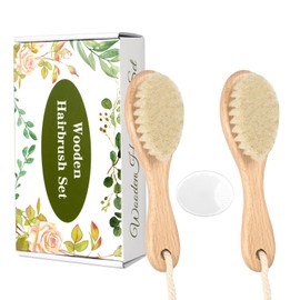 Wooden Baby Hair Brush and Comb Set, 2Pcs Natural Soft Goat Bristles Brush with Baby Shower Scrubber Perfect Scalp Grooming Product for Newborn, Toddler, Infant (White)