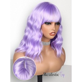 Fancy Hair Light Purple Wavy Bob Wig Short Wavy Wig with Bangs Glueless Wear and Go Wig Synthetic Shoulder Length Bob for Girl Women Daily Party Use