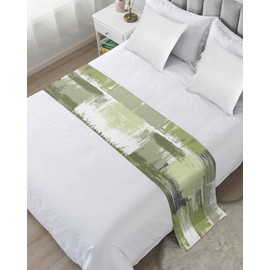 Sage Green Bed Runner for King Size Bed, Bedspread Protector Slipcover Bed Scarf for Foot Bed Runners & Scarves for Bedroom Hotel Wedding Room 102x20 Inches Gradient White Farmhouse Country Smear Art